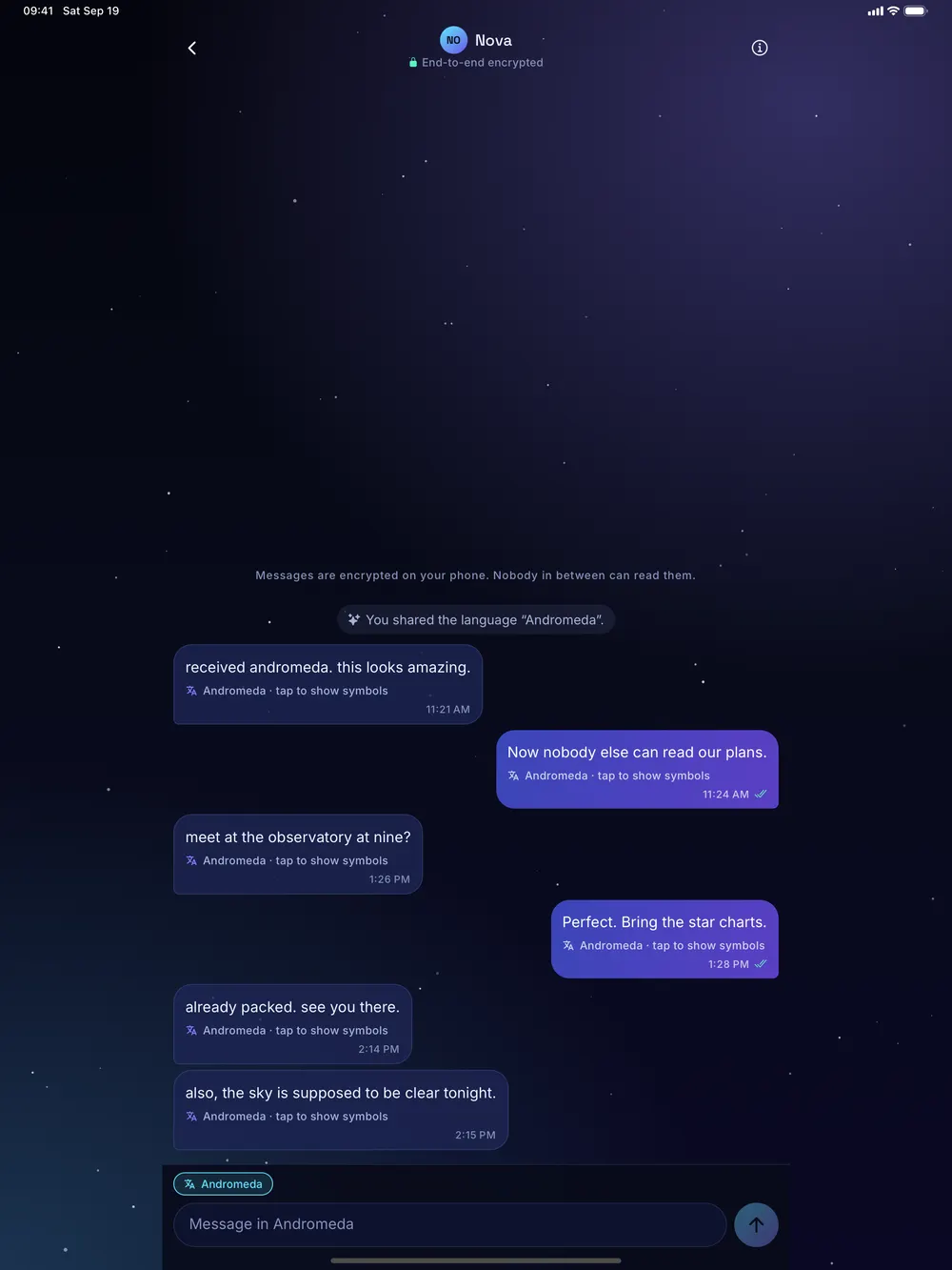 Glyphconnect on iPad, a translated chat