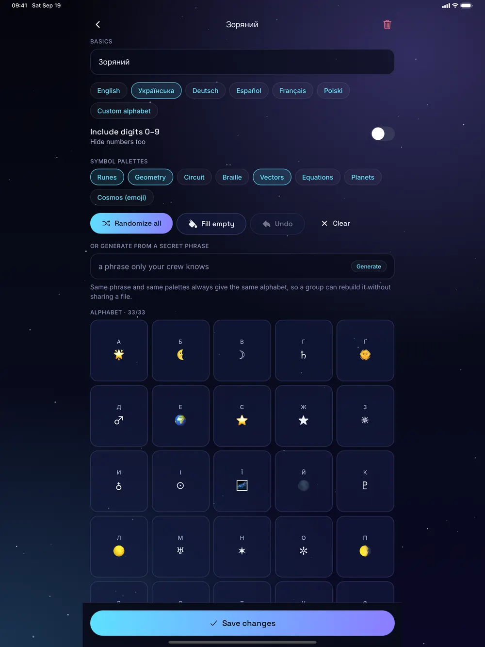 Glyphconnect on iPad, the language editor