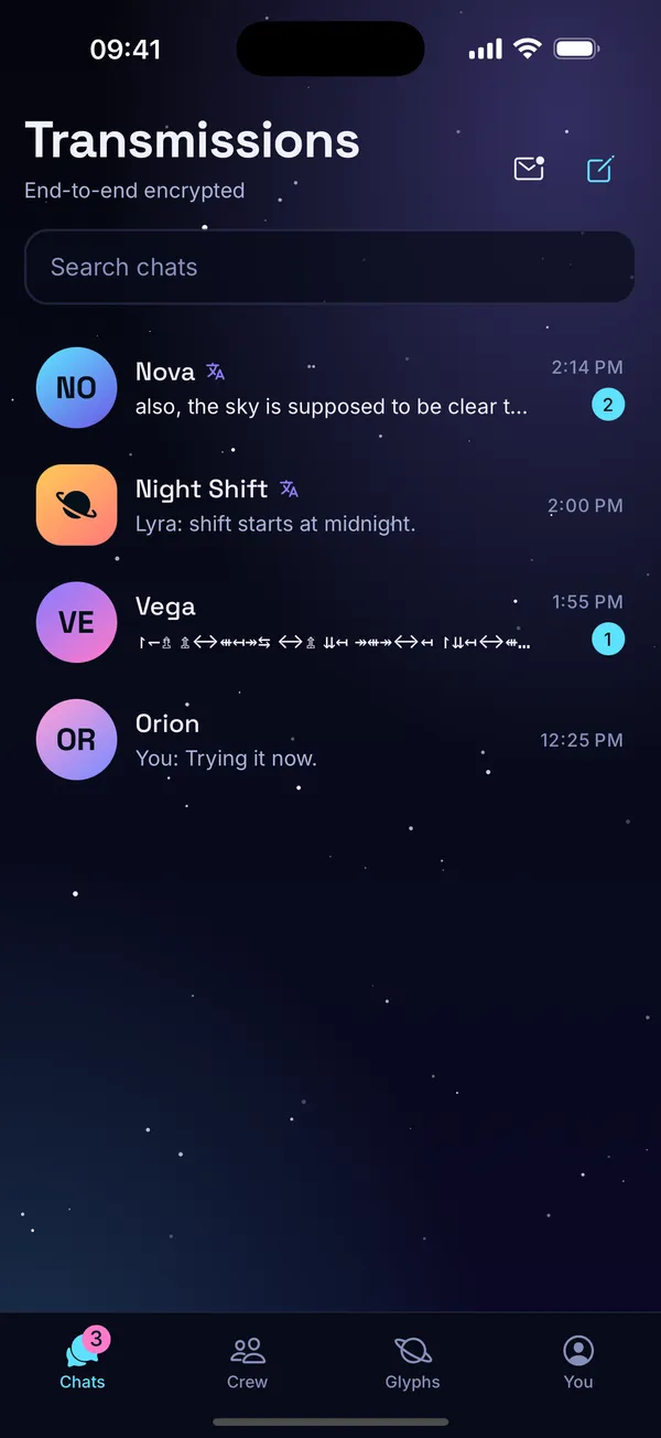 Glyphconnect chat list showing four conversations