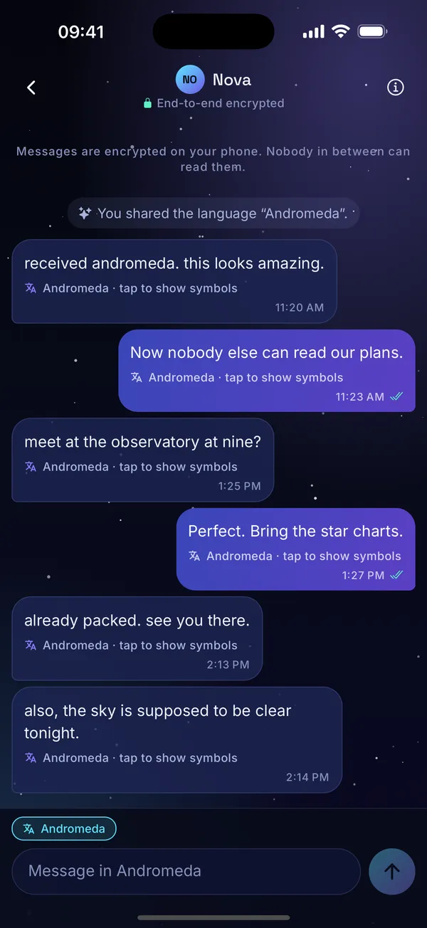A chat where messages written in a private glyph language are translated automatically