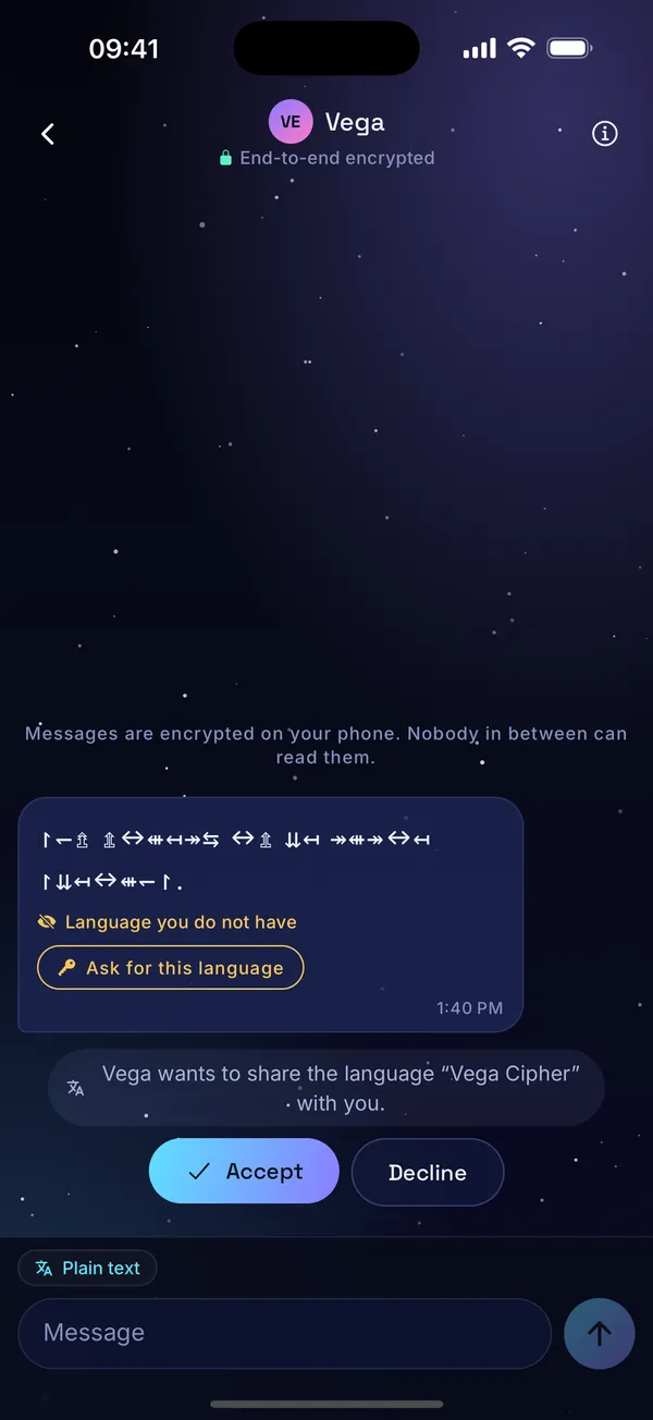 A message in a language the reader does not have, with an option to ask for it